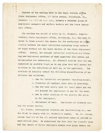 (LABOR.) Papers of John Carter Robinson, head of the Colored Department of the Bureau of Employment in Pittsburgh.